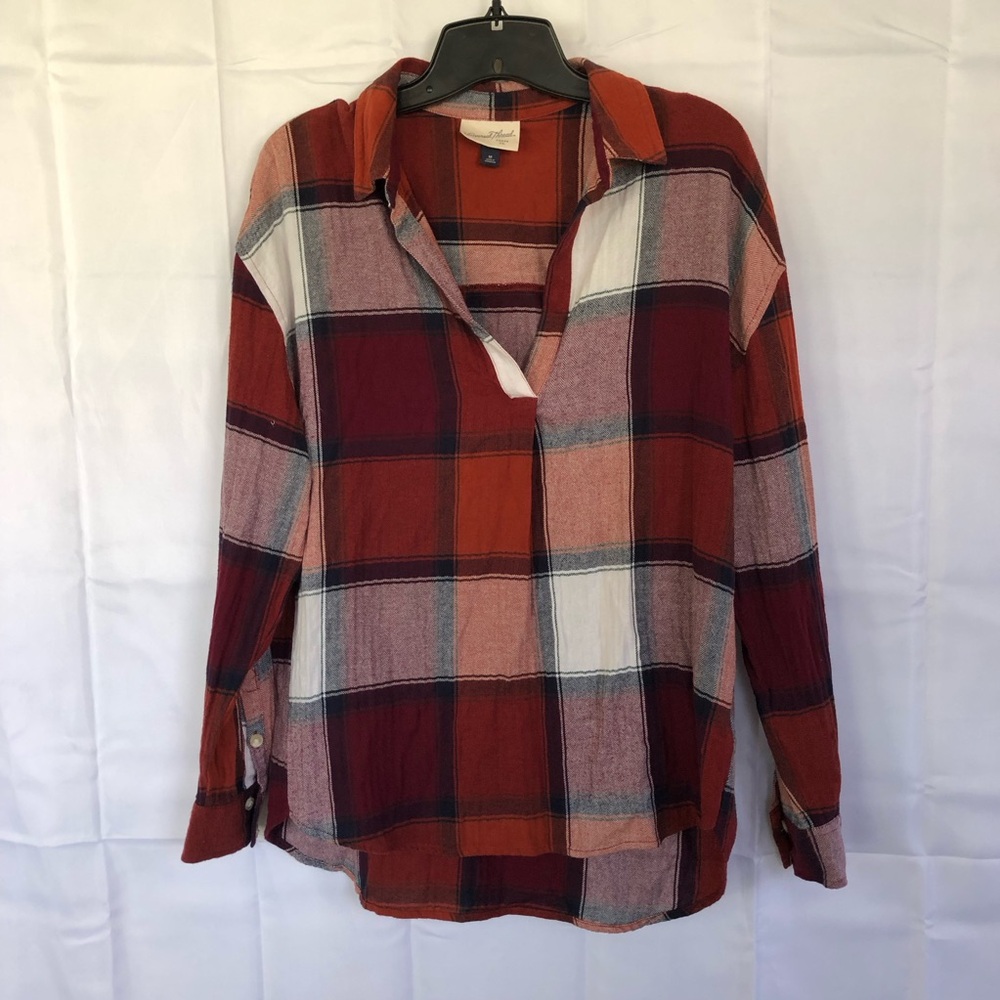 Universal Thread Long Sleeve Orange, Maroon and White Flannel V-neck - Size M